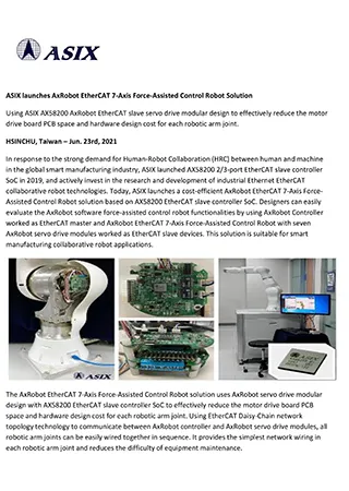 ASIX launches AxRobot EtherCAT 7-Axis Force-Assisted Control Robot Solution