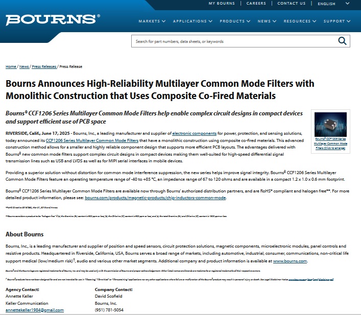 Bourns Announces High-Reliability Multilayer Common Mode Filters with Monolithic Construction that Uses Composite Co-Fired Materials