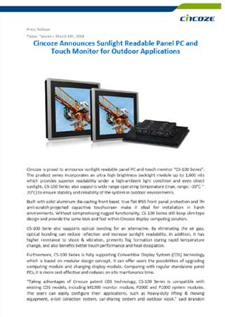 Cincoze Announces Sunlight Readable Panel PC and Touch Monitor for Outdoor Applications
