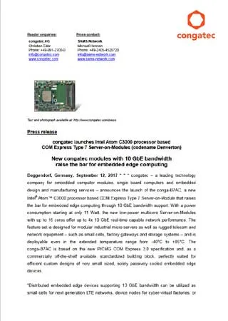 Congatec launches Intel Atom C3000 processor based COM Express Type 7 Server-on-Modules (codename Denverton)