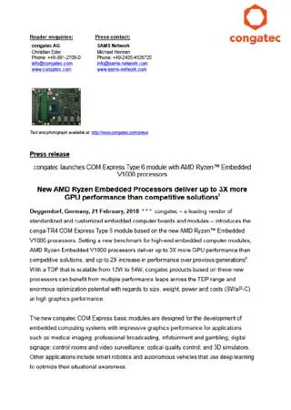 Congatec launches COM Express Type 6 module with AMD Ryzen