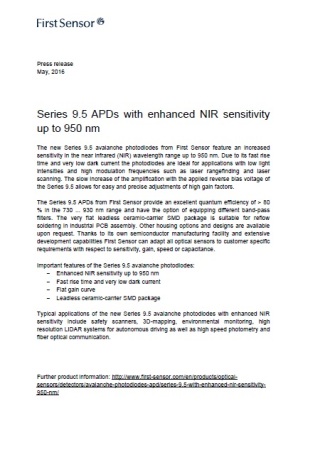 Series 9.5 APDs with enhanced NIR sensitivity up to 950 nm