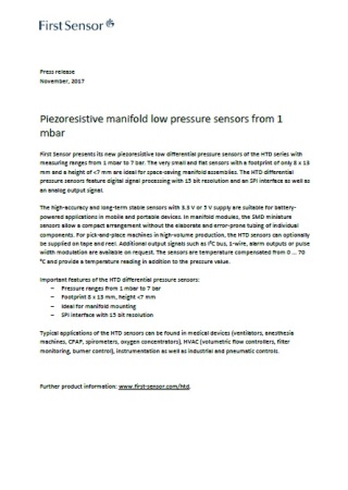 Piezoresistive manifold low pressure sensors from 1 mbar