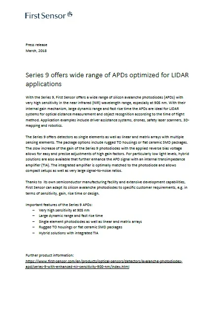 Series 9 offers wide range of APDs optimized for LIDAR applications