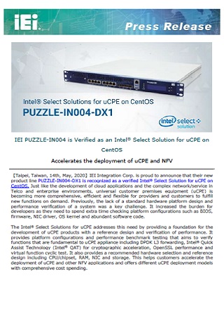 IEI PUZZLE-IN004 is Verified as an Intel® Select Solution for uCPE on CentOS