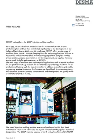 DESMA India delivers the 2000th injection molding machine