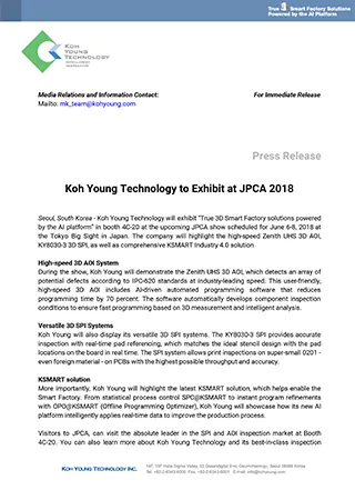 Koh Young Technology to Exhibit at JPCA 2018