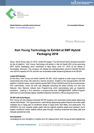 Koh Young Technology to Exhibit at SMT Hybrid Packaging 2018