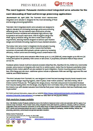 The most hygienic Tolomatic stainless-steel integrated servo actuator for the most demanding of food and beverage processing applications