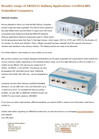 Broader range of EN50155 Railway Applications Certified MPL Embedded Computers