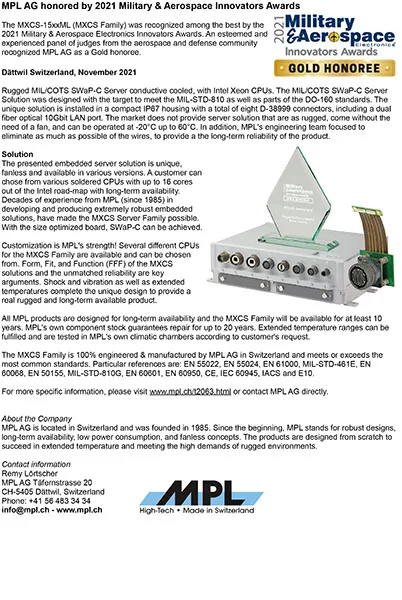 MPL AG honored by 2021 Military & Aerospace Innovators Awards