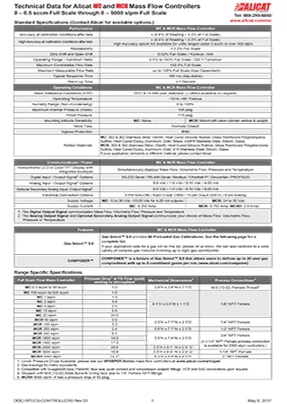 Alicat MC MCR Series Mass Flow Controller Technical Specifications
