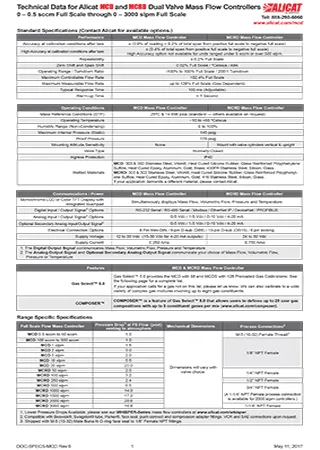 Alicat MCD MCRD Bidirectional Series Mass Flow Controller Technical Specifications