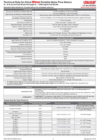 Alicat MWB Whisper Series Portable Mass Flow Meter Technical Specifications