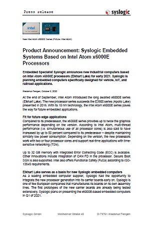 Syslogic Embedded Systems Based on Intel Atom x6000E Processors