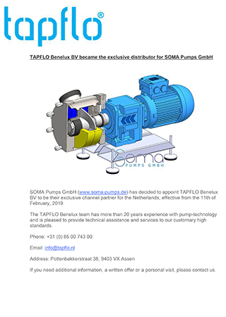 TAPFLO Benelux BV became the exclusive distributor for SOMA Pumps GmbH