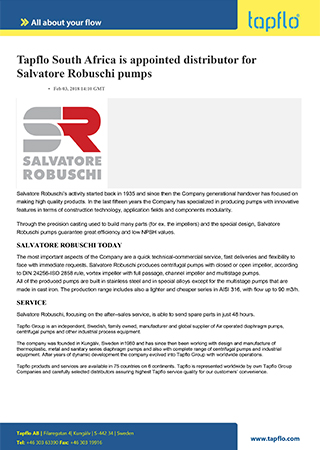 Tapflo South Africa is appointed distributor for Salvatore Robuschi pumps-converted